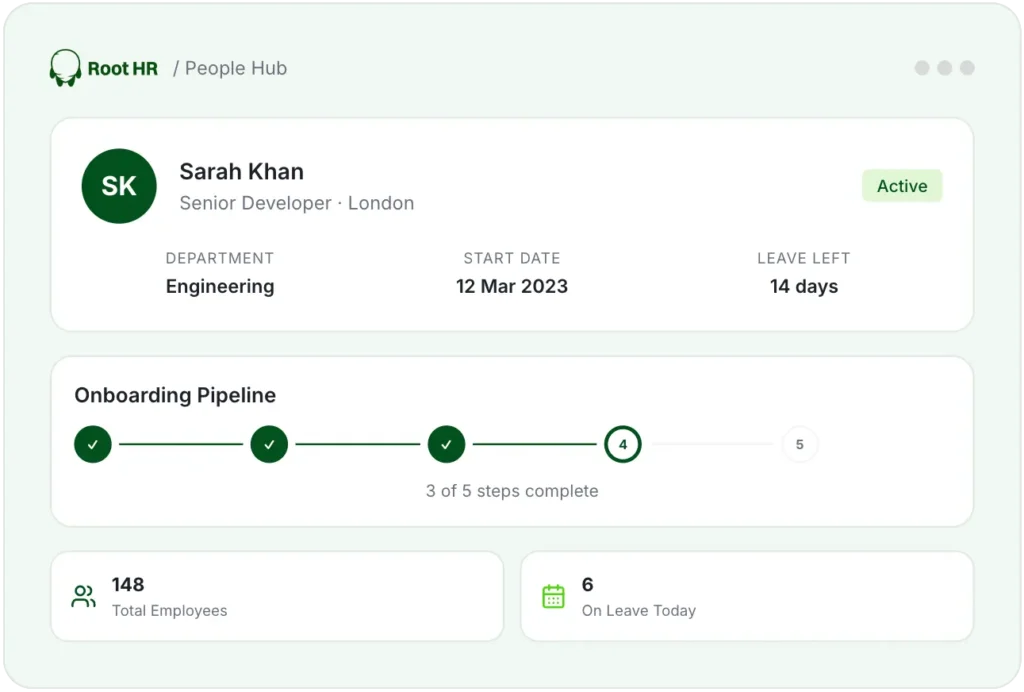 Root HR people hub showing an employee record and the onboarding pipeline