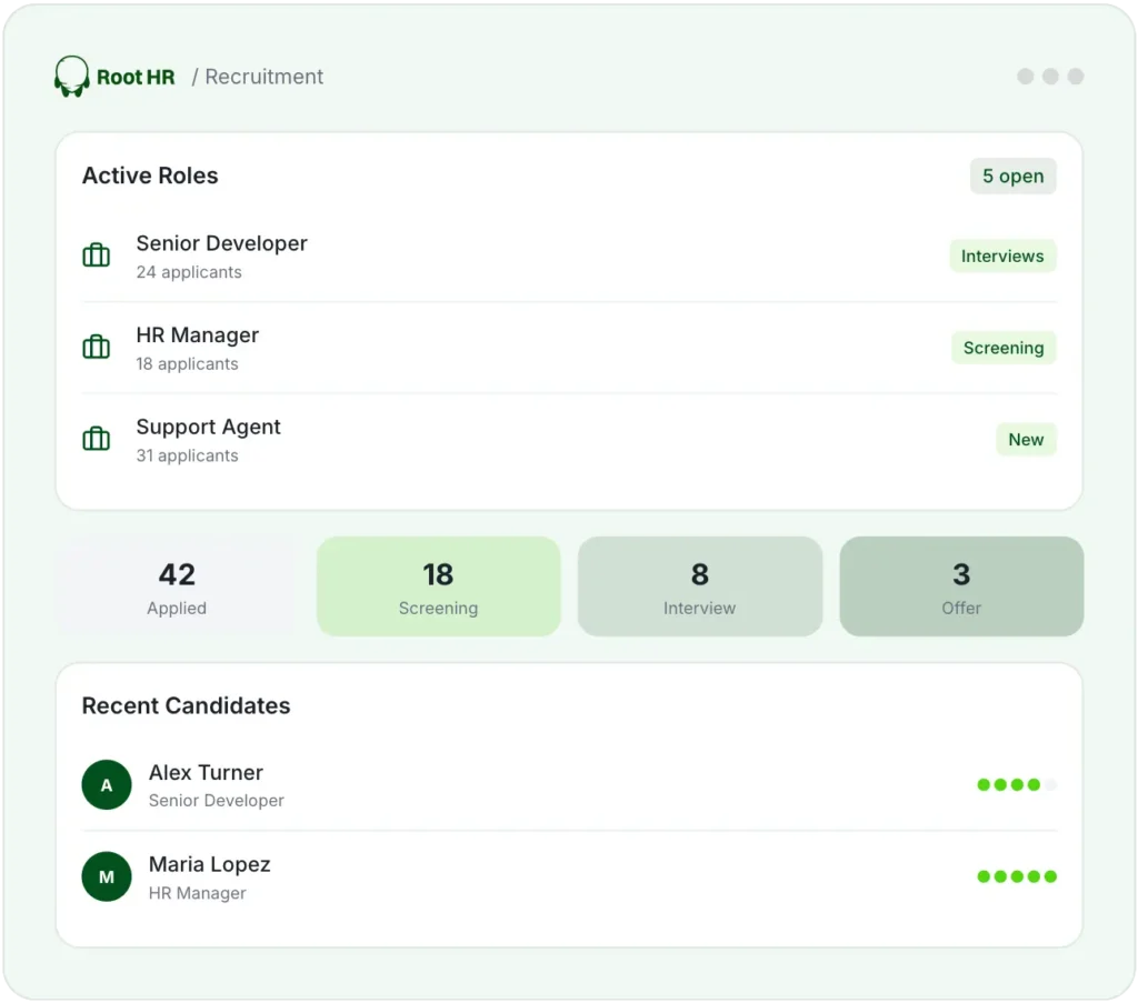 Root HR recruitment view with active roles and recent candidates